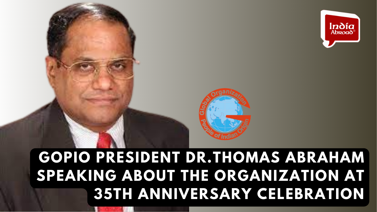 GOPIO President Dr.Thomas Abraham speaking about the organization at 35th anniversary celebration